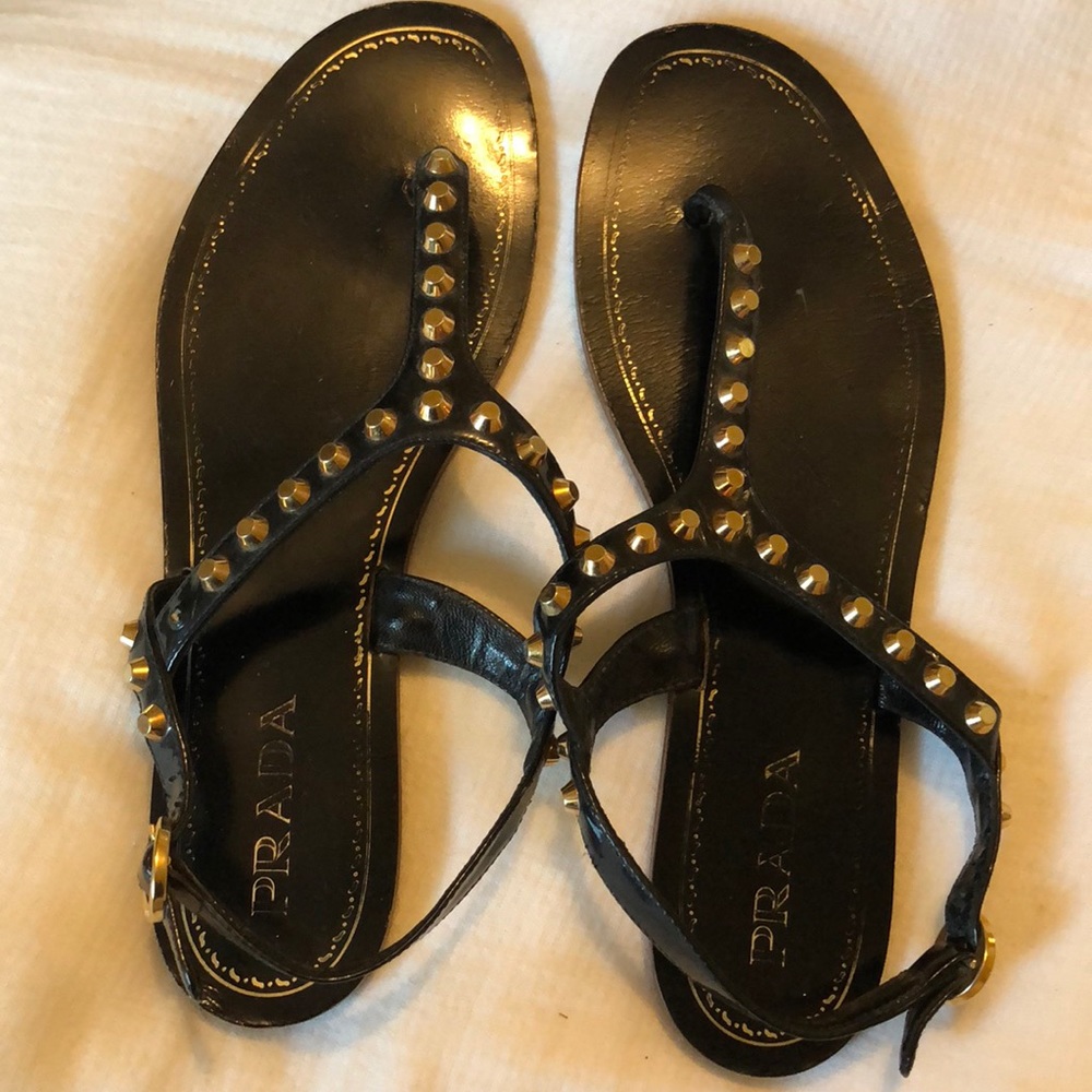 Prada Black and Gold Studded Sandals